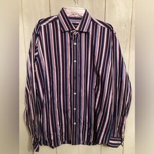 Bugatchi Uomo Men's XL Shirt‎ Shaped Fit Flip Cuff Purple White Striped Office